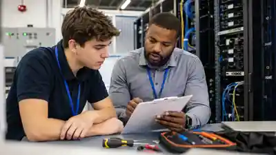Student reviewing technical work with a mentor in a data center training environment