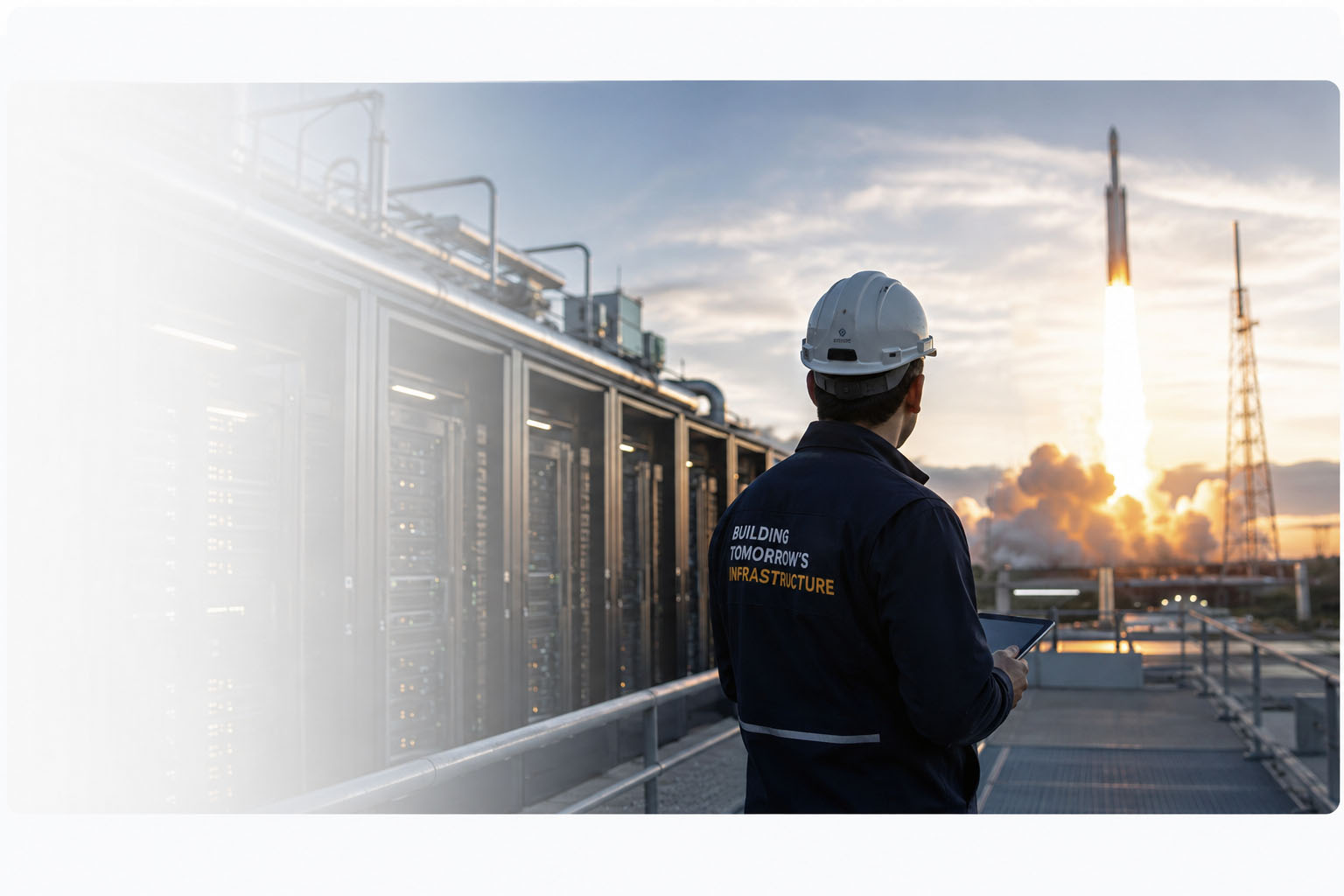 Data center infrastructure worker watching a rocket launch in the distance